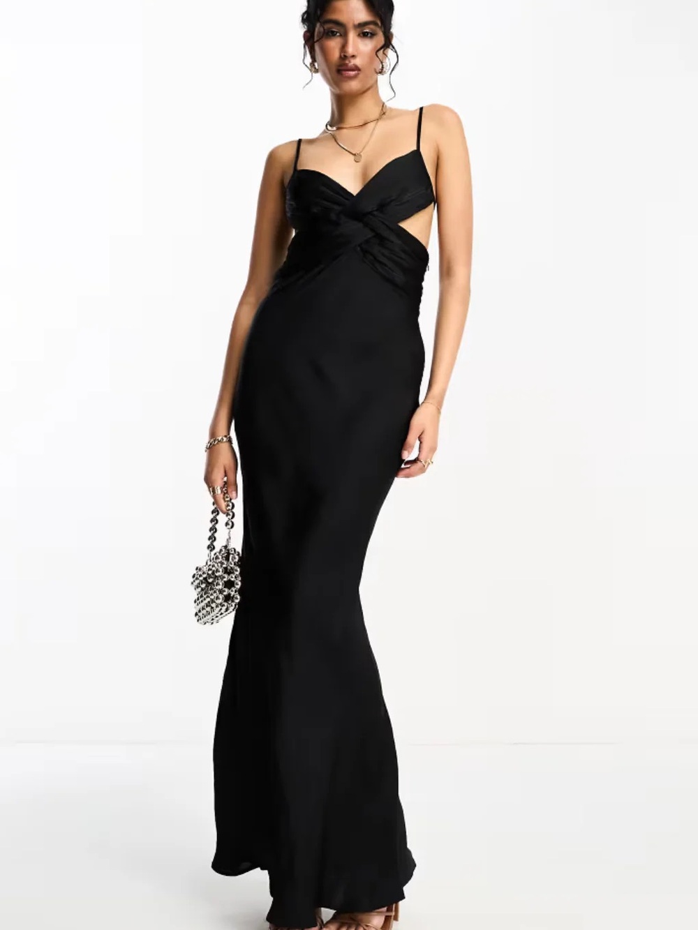 ASOS DESIGN Pleated Twist Detail Washed Satin Cami Maxi Dress In Black
